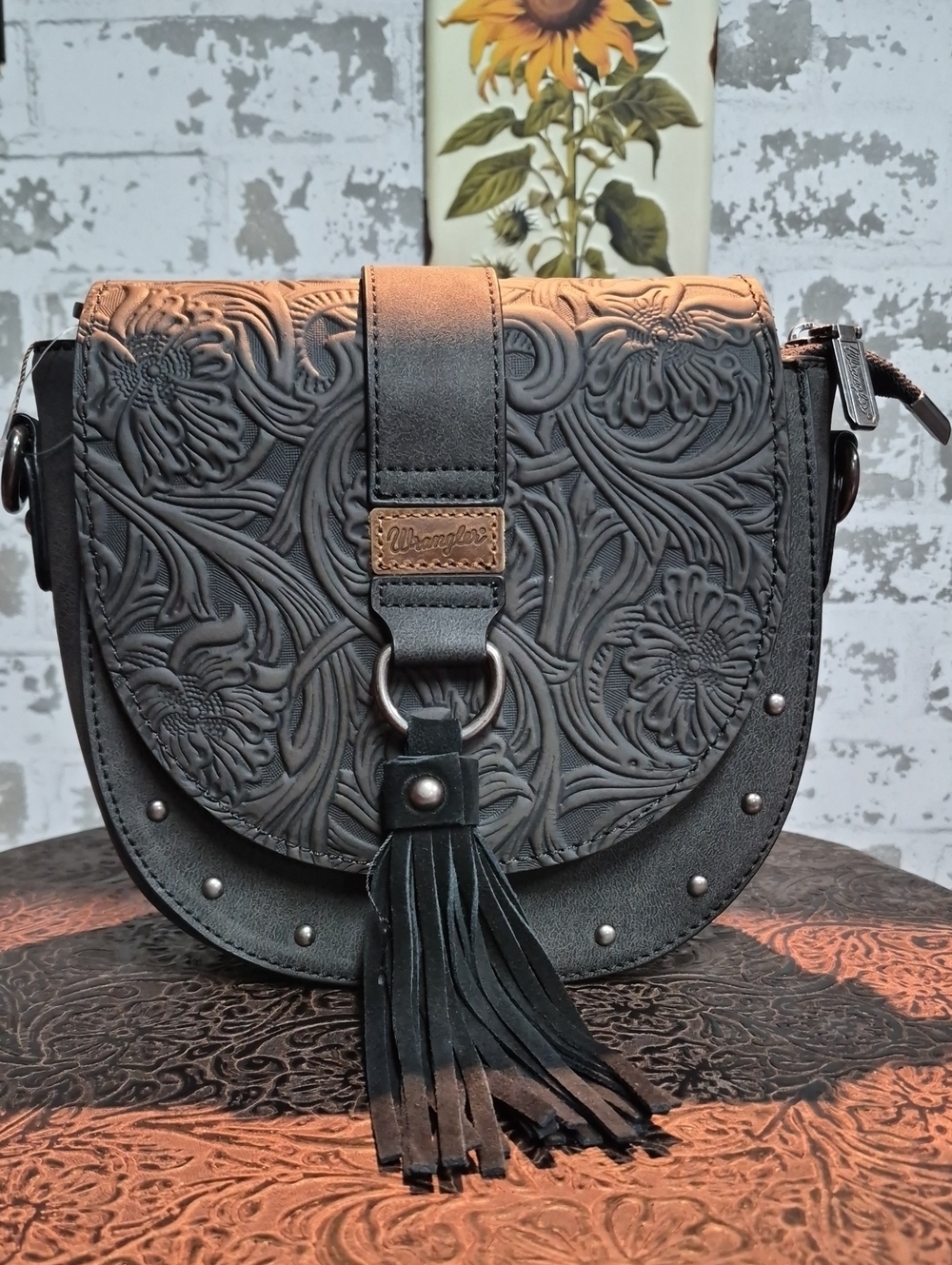 Wrangler Black Embossed Floral Tassel Crossbody Bag